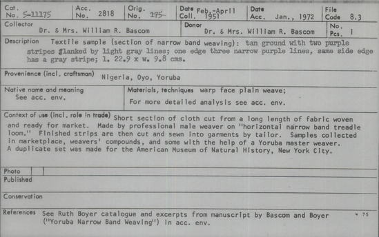 Documentation associated with Hearst Museum object titled Textile sample, accession number 5-11175, described as textile sample (section of narrow band weaving):  tan ground with two purple stripes flanked by light gray lines;  one edge three narrow purple lines, same side edge has a gray stripe;  l. 22.9 x w. 9.8 cms.