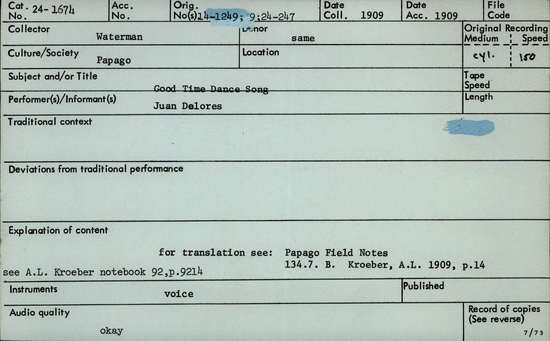 Documentation associated with Hearst Museum object titled Audio recording, accession number 24-1674, described as Dance Song for the "Good-Time" Dance