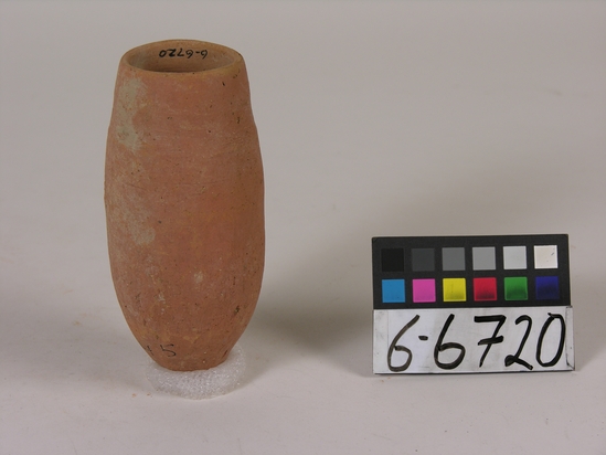 Hearst Museum object titled Beer cup, accession number 6-6720, described as Pottery: deep pointed-bottomed red cup; least diameter 4 1/2 cm, greatest diameter 6 1/2 cm, height 14 cm.