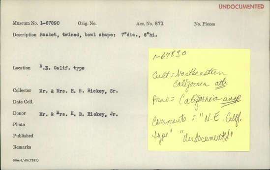 Documentation associated with Hearst Museum object titled Bowl basket, accession number 1-67890, described as Twined, bowl shape. Per Ralph Shanks:   Bowl, not used.  Bottom has three strand twining and plain twining on sides.  Where the base meets the sides there are two rows of lattice twining.  Weft is conifer root and overlay is beargrass, red dyed Woodwardia, and a small amount of maidenhair fern.  Checkered pattern design.  Probably Wintu or neighbors.