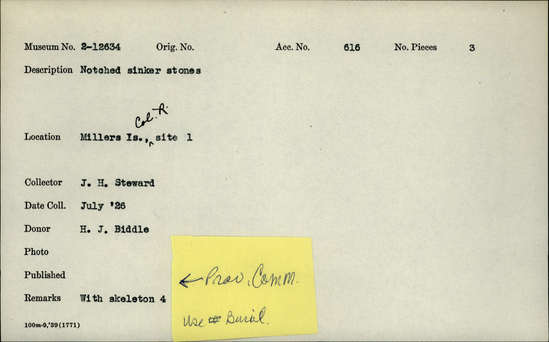 Documentation associated with Hearst Museum object titled Sinkers, accession number 2-12634, described as Notched sinker stones