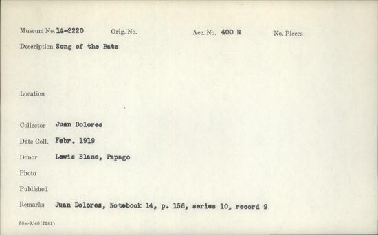 Documentation associated with Hearst Museum object titled Wax cylinder recording, accession number 14-2220, described as Song of the Bats Notebook