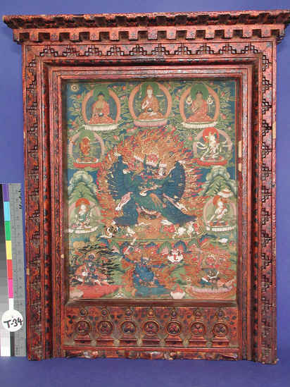 Hearst Museum object 3 of 7 titled Shrine of vajrabhairava, accession number 9-22005a-d, described as This is a shrine that contains eleven major Buddhist deities and could be used as the main object of worship for a Lama or devout lay person. Height: 57.2 cm, Width/depth: 33.6 cm, Depth: 10.6 cm