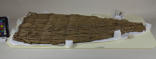 Hearst Museum object 2 of 2 titled Food tray, accession number 1-12452, described as Food tray (shaplash); twined. Warp is split Tule and weft is unsplit Tule (Schoenoplectus acutus).