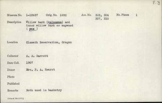 Documentation associated with Hearst Museum object titled Bark, accession number 1-12637, described as Willow and inner willow bark or sapwood.