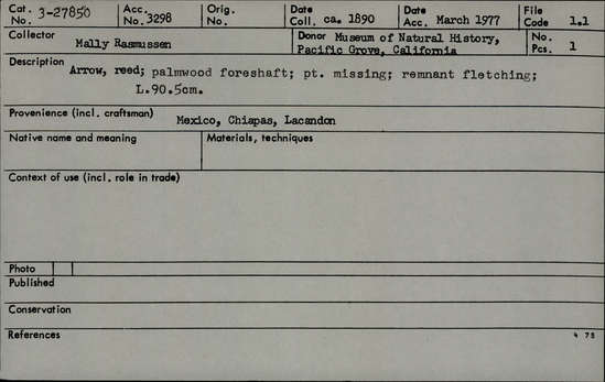 Documentation associated with Hearst Museum object titled Arrow, accession number 3-27850, described as Arrow: reed; palmwood foreshaft; point missing; fletched