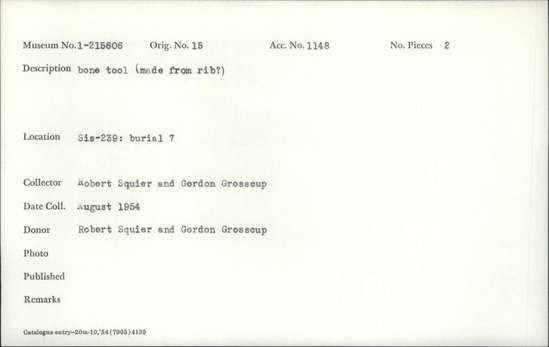 Documentation associated with Hearst Museum object titled Awl fragment, accession number 1-215606, described as Bone, made from rib?