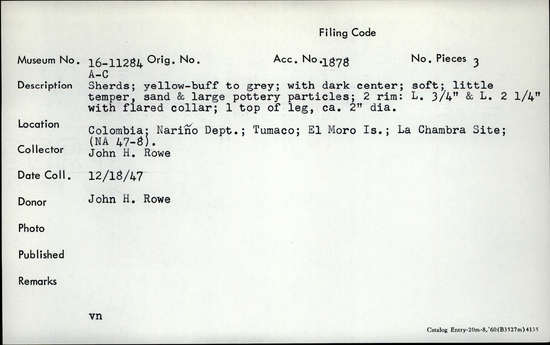 Documentation associated with Hearst Museum object titled Potsherd, accession number 16-11284c, described as Sherds, wellow-buff to gray; with dark center; soft; little temper; san and large pottery particles; 2 rim: length: 3/4 inch and 2 1/4 inches with flared collar; 1 top of leg. diameter: circa 2 inch.