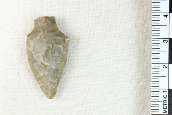 Hearst Museum object 2 of 4 titled Arrowhead, accession number 8-1326, described as Gray flint arrowhead