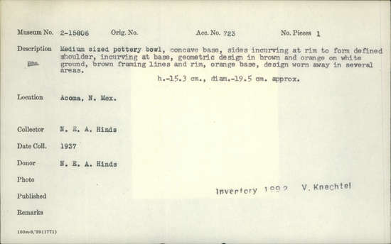 Documentation associated with Hearst Museum object titled Bowl, accession number 2-15806, described as Medium sized; pottery; concave base, sides incurving at rim to form defined shoulder, incurving at base, geometric design in brown and orange on white ground, brown framing lines and rim, orange base, design worn away in several areas.