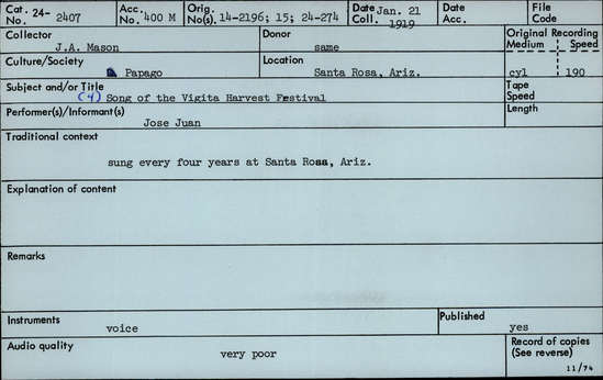 Documentation associated with Hearst Museum object titled Audio recording, accession number 24-2407, described as Song of the Vigita Harvest Festival #4