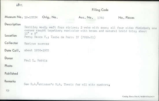 Documentation associated with Hearst Museum object titled Cloth, accession number 16-10534, described as Textile; wool; weft face stripes; 2 webs with seam; all four sides finished; one corner caught together; vericolor with brown and natural braid trim; ca 11 by 9 inch.