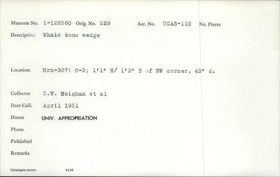 Documentation associated with Hearst Museum object titled Wedge, accession number 1-128560, described as Whale bone wedge.