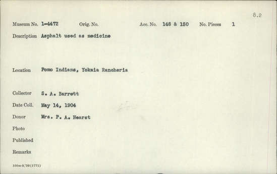 Documentation associated with Hearst Museum object titled Asphalt, accession number 1-4472, described as Specimen; asphalt; medicine