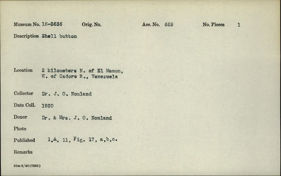 Documentation associated with Hearst Museum object titled Clay button, accession number 16-3636, described as Shell button