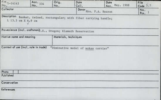 Documentation associated with Hearst Museum object titled Wokas carrier model, accession number 1-14143, described as Diminutive.