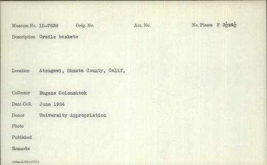 Documentation associated with Hearst Museum object titled Black-and-white negative, accession number 15-7526, described as Cradle baskets