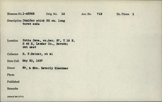 Documentation associated with Hearst Museum object titled Stick, accession number 1-45582, described as Conifer stick, 32 cm. long burnt ends
