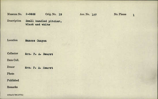 Documentation associated with Hearst Museum object titled Pitcher, accession number 2-8666, described as Small, handled; black and white.