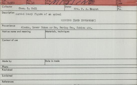 Documentation associated with Hearst Museum object titled Animal figure, accession number 2-683, described as Carved ivory figure of an animal