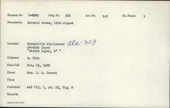 Documentation associated with Hearst Museum object titled Stone, accession number 1-8850, described as Natural stone, bird-shaped.