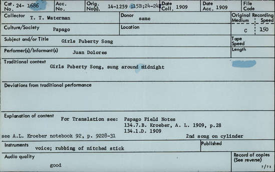 Documentation associated with Hearst Museum object titled Audio recording, accession number 24-1686, described as Girls' Puberty Song