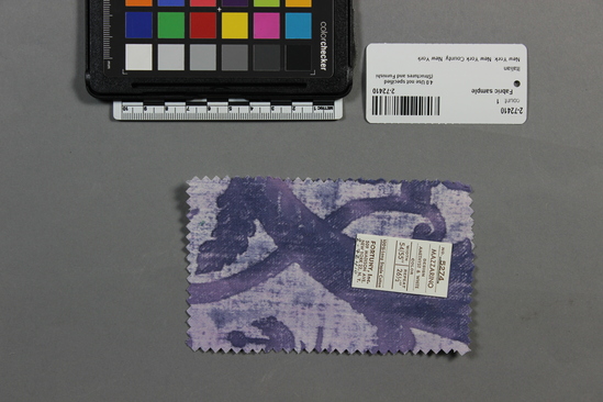 Hearst Museum object titled Fabric sample, accession number 2-72410, described as 100% long staple cotton sample, no. 5274, Mazzarino design, amethyst and white color, Fortuny Inc.