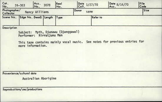 Documentation associated with Hearst Museum object titled Audio recording, accession number 24-363, described as Myth, Djunawu (Djanggawal), performed by Rirratjunu Men. This tape contains mainly vocal music. See notes for previous entries for more information.