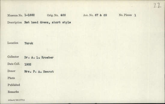 Documentation associated with Hearst Museum object titled Net headdress, accession number 1-1882, described as Net headdress, short style.