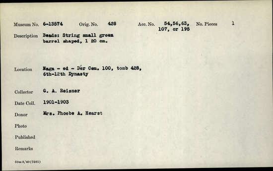 Documentation associated with Hearst Museum object titled Beads, accession number 6-13574, described as Beads: Strung small green barrel shaped, length 20cm.  [inv.: ball beads]