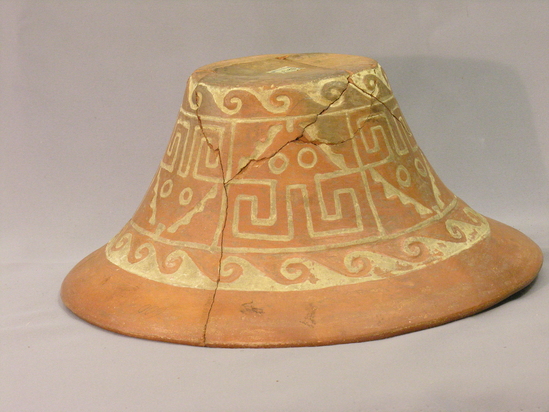 Hearst Museum object 5 of 7 titled Bowl, accession number 4-3275, described as Large jar, part red, white neck, white heron-like birds in relief, and white lattice design