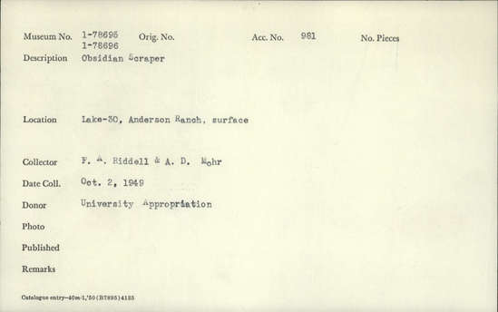 Documentation associated with Hearst Museum object titled Scraper, accession number 1-78696, described as Obsidian.