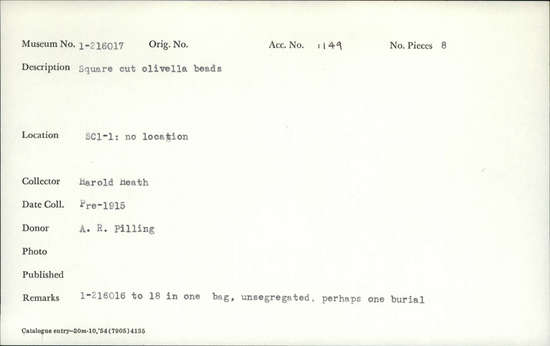 Documentation associated with Hearst Museum object titled Beads, accession number 1-216017, described as Square cut olivella beads;  M1a  (B&H:  140)  M-L Trans.