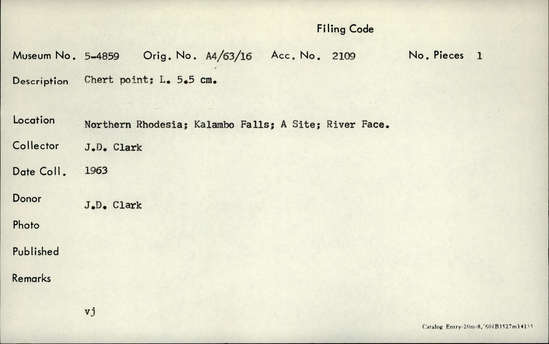 Documentation associated with Hearst Museum object titled Point, accession number 5-4859, described as Chert point; Length: 5.5 cm