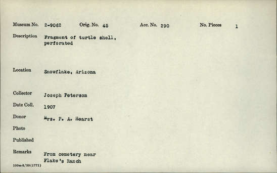 Documentation associated with Hearst Museum object titled Worked turtle shell, accession number 2-9062, described as Perforated.