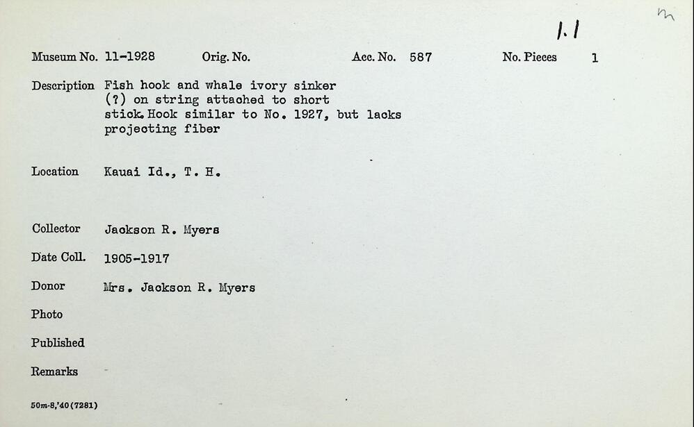 Hearst Museum object titled Makau (fishhook), accession number 11-1928, described as Whale ivory sinker (?) on string attached to short stick. Hook similar to Cat. No. 11-1927: (mother-of-pearl, bone barb), but lacks projecting fiber.