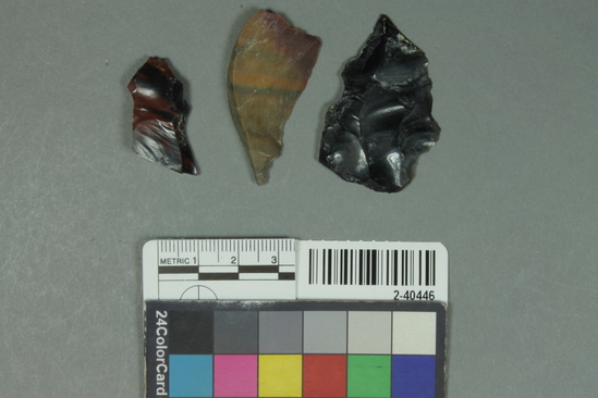 Hearst Museum object 4 of 4 titled Worked flakes, accession number 2-40446, described as Obsidian, chalcedony, chert, agate, jasper, and basalt chips