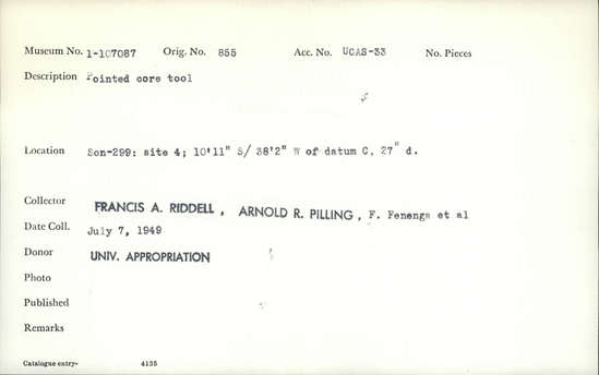 Documentation associated with Hearst Museum object titled Worked stone, accession number 1-107087, described as Pointed core.