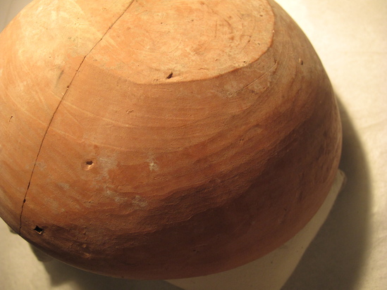 Hearst Museum object 55 of 66 titled Broken bowl, accession number 6-5728, described as Pottery: smooth pinkish bowl, broken burnished lines inside and out.  Diameter 20cm, height 6cm.