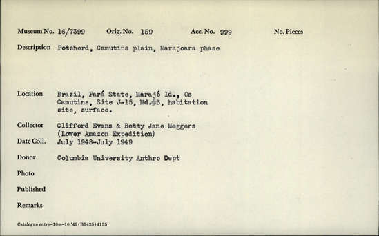 Documentation associated with Hearst Museum object titled Potsherds, accession number 16-7399, described as Potsherds, Camutins plain, Marajoara phase