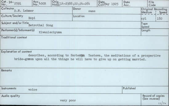 Documentation associated with Hearst Museum object titled Audio recording, accession number 24-2591, described as Betrothal Song