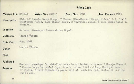 Documentation associated with Hearst Museum object titled Audio track, accession number 24-312A.SE#26.A.5, described as Shaman Song (for body pain, swelling, or broken bones)