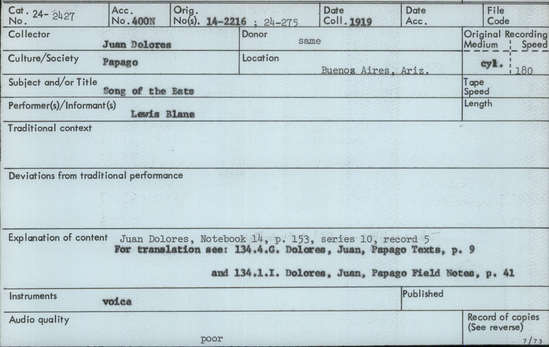 Documentation associated with Hearst Museum object titled Audio recording, accession number 24-2427, described as Song of the Bats Notebook 14, p.153 Series 10, Record 5