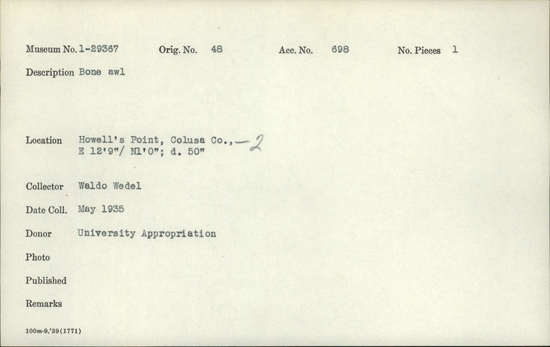 Documentation associated with Hearst Museum object titled Awl, accession number 1-29367, described as Made of bone.