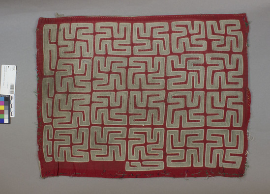 Hearst Museum object titled Mola, accession number 3-27466, described as 'mola'; red top, black ground, grey middle layer: 'mormaralet' type (3 layers, few colors).  design of repeated swasticas (symbol for Cuna nation) enclosed within squares; simple filler lines extend from enclosure lines.  faded, especially black; worn, several holes.  54.2 x 41 cm.