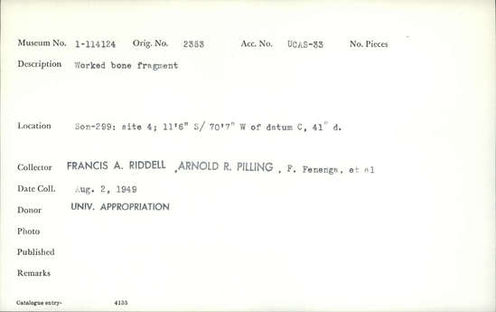 Documentation associated with Hearst Museum object titled Worked bone, accession number 1-114124, described as Worked bone fragment.