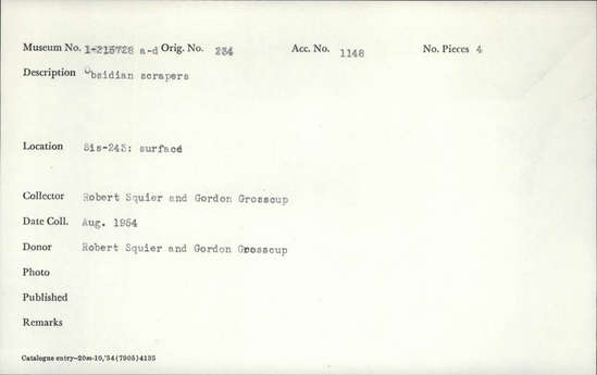 Documentation associated with Hearst Museum object titled Scrapers, accession number 1-215728a-d, described as Obsidian.