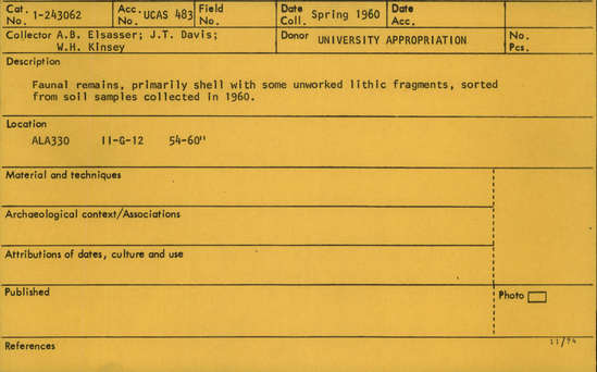 Documentation associated with Hearst Museum object titled Soil sample, accession number 1-243062, described as Faunal remains, primarily shell with some unworked lithic fragments.