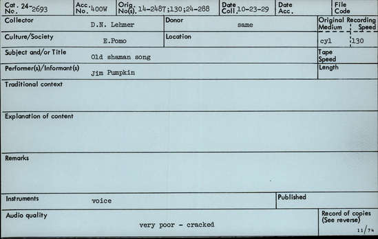 Documentation associated with Hearst Museum object titled Audio recording, accession number 24-2693, described as Old Shaman Song