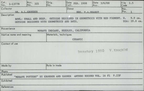 Documentation associated with Hearst Museum object titled Bowl, accession number 1-13778, described as Small and deep.  Outside design in geometrics with red pigment.  Outside designed with geometrics and dots.  Ceramic.